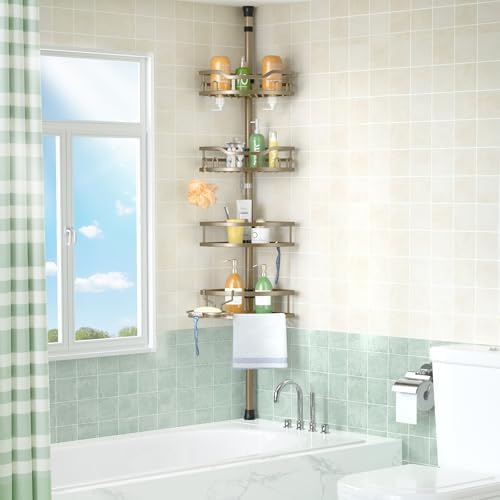 HAMITOR Shower Caddy Corner Tension Pole Adjustable No-Drill Bathroom Shelf