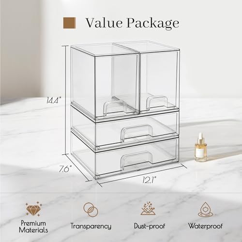 TIPGO Clear Stackable Storage Drawers, Baby Bottle Organizer, Easily-Access Makeup Organizer, Durable Containers for Bathroom Countertop, Cabinet, Pantry and Medicine Organization