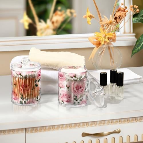 MNSRUU 4 Pack Qtip Holder Organizer Dispenser Pink Roses Pink Bathroom Storage Canister Cotton Ball Holder Bathroom Containers for Cotton Swabs/Pads/Floss