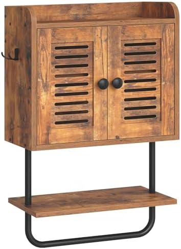 HOOBRO Bathroom Wall Cabinet, Double Doors Medicine Cabinet with Towel Bar, Adjustable Shelf, 2 Hooks, Over The Toilet Storage Cabinet, for Bedroom, Kitchen, Rustic Brown BF46CW01