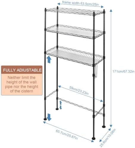 Over The Toilet Storage Shelf, 3-Tier Adjustable Bathroom Organizer with Toilet Paper Holder & Hooks, Metal Space Saver Rack Above Toilet for Bathroom, Kitchen, Black (3-Tier Black)