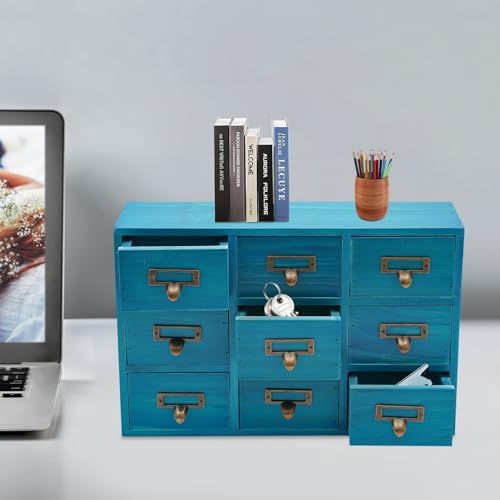 Apothecary Cabinet with 9 Drawers Card Catalog Cabinet, Library Card Catalog Drawer with Metal Handles & Label Slot Wooden Desk Drawer Organizer for Herb Storage, Tea Collection (Blue)