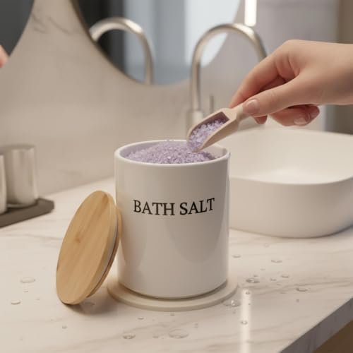 64oz Airtight Ceramic Bath Salt Jar Set - with Wooden Lid, Scoop & Anti-Slip Mat, Opaque Bathroom Storage Organization for Epsom Salt, Spa & Bath Bombs, White-M