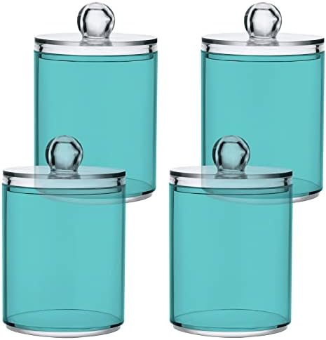SHJI Pale Turquoise Qtip Holder Organizer Dispenser Cotton Swabs Cans Plastic Jars with Lid Set 4 Pack Bathroom Storage Canister for Cotton Ball Floss Cotton Pads