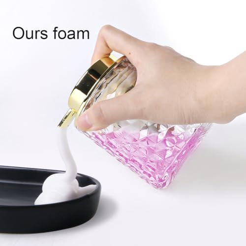 Bathroom Accessories Set 2pcs Glass Foaming Soap Dispenser and Toothbrush Holder for Bathroom Countertop, Clear Glass Bathroom Assessory Set with Gold Decor