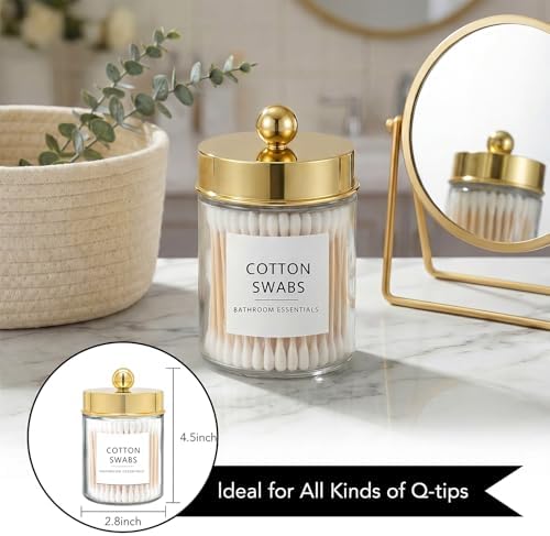 Amolliar Glass Apothecary Jars Qtip Holder w/Plastic Lids,Gold 2pc
