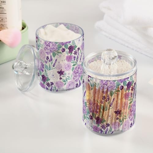 ALAZA Violet Hydrangea Flower Cartoon 4 Pack Qtip Holder Dispenser for Cotton Swabs, Balls, Pads, Floss 10 oz Plastic Canister Organizer