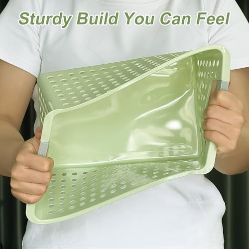 Soddeph 4 Pack Plastic Storage Basket with Handles, Small Deep Organizer Bin with Hollow Design for Under Counter, Shelf, Closet, Kitchen or Bathroom (Green, Small)