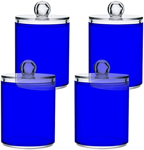 SHJI Blue Qtip Holder Organizer Dispenser Cotton Swabs Cans Plastic Jars with Lid Set 2 Pack Bathroom Storage Canister for Cotton Ball Floss Cotton Pads