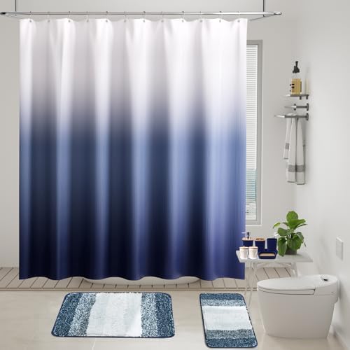 XLHOMO Navy Blue Bathroom Accessories Set with Wicker Trash Can Shower Curtain and Rugs,Bathroom Sets Small Waste Basket Bathroom Trash Can for Bedroom Bathroom