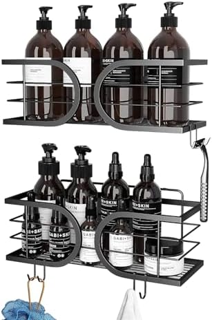 Shower Caddy No Drill Adhesive Wall Mounted SUS304 Stainless Steel Durable Large Capacity Shower Rack Organizer Quick Dry Rustproof Bathroom Storage Shelves - 2 Pack (Black)