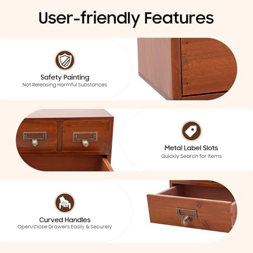 6-Drawer Vintage Desk Organizer Tabletop Apothecary Cabinet Vintage Wooden Drawers Library Card Catalog Cabinet for Store Medicine, Jewelry, Tea Collection (Brown)