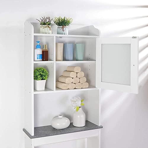 Over Toilet Bathroom Organizer 4-Tier Over The Toilet Storage Cabinet with Adjustable Shelves and Tempered Glass Door Space-Saving Toilet Shelf for Small Places White