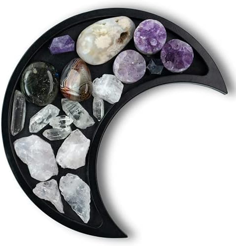 Black Moon Crystal Display Tray - Gothic Wooden Altar Tray 10.5" x 5" for Crystals and Stones Storage - Solid Wood Jewelry Organizer Dish - Spiritual Decor