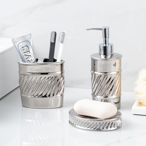 3-Piece Ceramic Bathroom Accessories Set - Soap Dispenser, Toothbrush Holder & Soap Dish with Modern Wave Embossed Design for Bathroom Accessory Set (Silver)