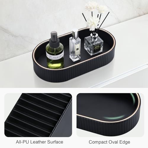 GORESE PU Leather Valet Tray Nightstand Organizer, Oval Perfume Trays Key Bowl Jewelry Dish for Bedside Dresser Entryway Table, Vanity Tray for Bathroom, EDC Trays for Men Women, 11×5.9 in, Black