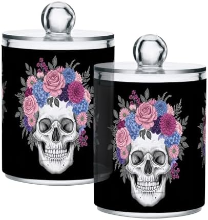 MNSRUU 4 Pack Qtip Holder Organizer Dispenser Skull and Flowers Bathroom Containers Bathroom Vanity Storage Canister Apothecary Jars for Cotton Swabs/Pads/Floss