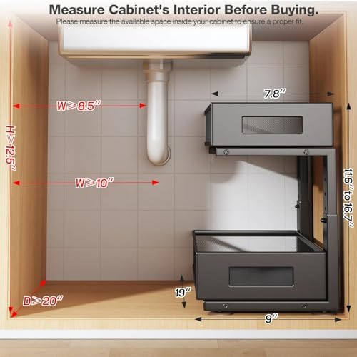 2 Packs 19IN Depth Under Sink Organizer, 2-Tier Pull Out Cabinet Organizer With Smooth Circular Rail, Large Capacity Metal Mesh Sliding Drawers For Bathroom& Kitchen Storage,Height Adjustable –Black