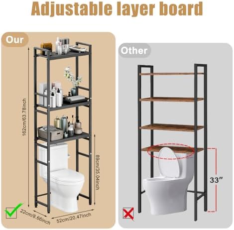 3-Tier Over Toilet Storage Rack, Freestanding Above Toilet Shelf Bathroom Organizer Shelf Over Toilet Adjustable Wooden Shelves Space Saver for Rooms Bathroom Cabinet for Laundry (Black)