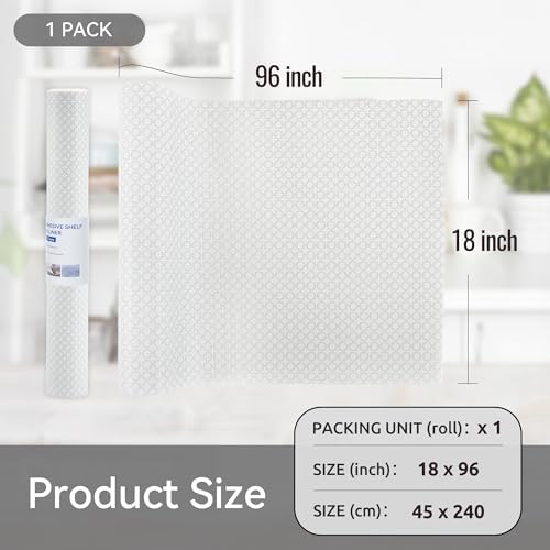 FIFTY FEET 18"x96" Non-Adhesive Shelf Liner for Kitchen Cabinets and Drawers, Washable Non-Slip PVC Cabinet Liner (White Circle)(1 Roll)