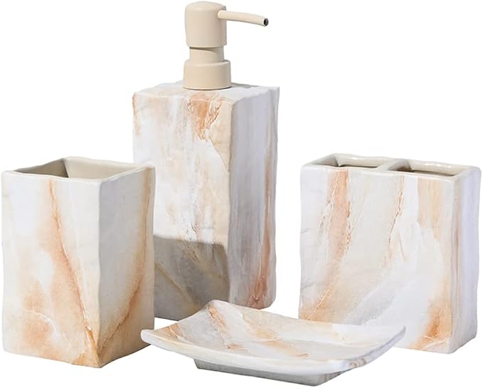 RQYIXI Ceramic 4-Piece Bathroom Accessories Set, Beige, Marble Design | marble look ceramic square design unique veining pattern modern countertop organization
