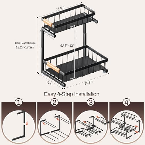 ADBIU Under Sink Organizer, 2 Pack 2 Tier Expandable Height (13.2" - 17.2") Pull out Kitchen Bathroom Cabinet Organizers and Storage Shelf