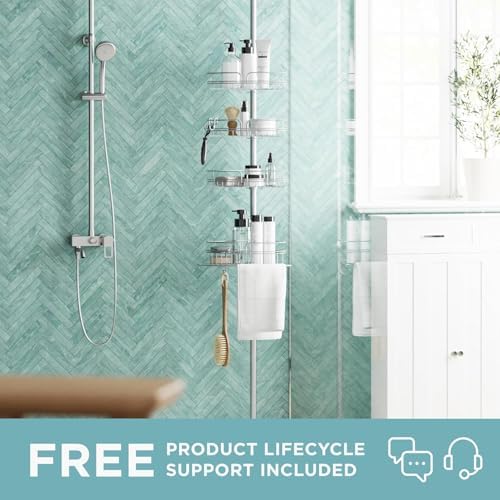 Zenna Home Tension Pole Shower Caddy Corner Organizer, Adjustable Standing Shower Caddy with 4 Baskets and Built in Towel Bar, Rust Resistant Bathroom Tension Rod Organizer, 60 to 97 Inch, Chrome