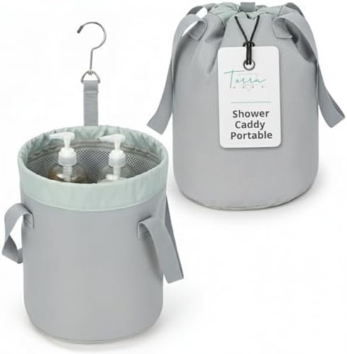 Portable Shower Bag with Drawstring Closure and Breathable Mesh Bottom – Travel Shower Caddy, Foldable Durable Design with Mesh Bottom for Cruise Ship Essentials, College Dorm Shower Caddy (Sage Grey)