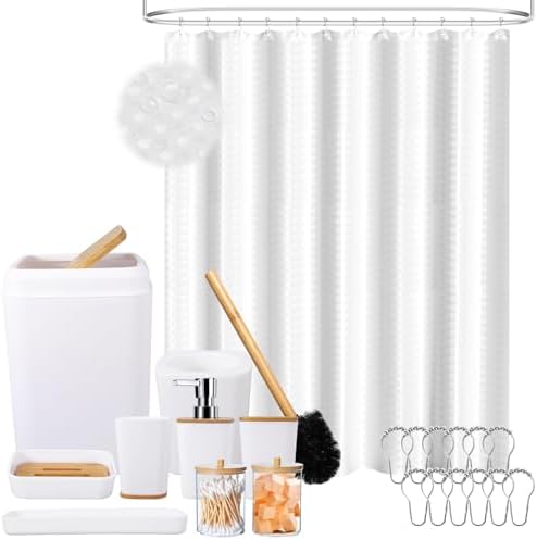 White Bathroom Sets Accessories with Waffle Shower Curtain,Bathroom Sets with Trash Can,Toothbrush Holder,Toothbrush Cup,Soap Dispense,Tray,Soap Dish,Toilet Brush,Qtip Holder