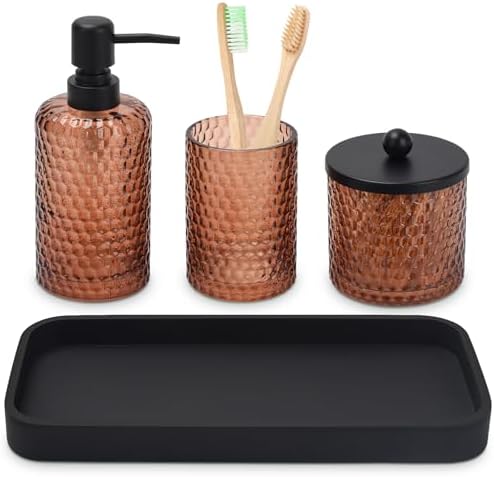 Bathroom Accessories Set,4 Pcs Amber Glass Bathroom Accessories Sets-Lotion Soap Dispenser,Toothbrush Holder,Qtip Holder Dispenser & Resin Vanity Tray,Countertop Vanity Organizer,Amber