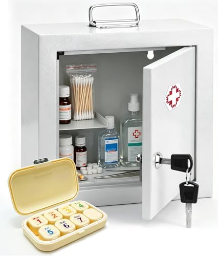Lockable Wall-Mounted Medicine Cabinet with Key, Metal Medicine Organizer for Bathroom,Featuring Interior Shelf & Door Storage,Portable First Aid Cabinet with Top Handle,Weekly Pill Organizer Included