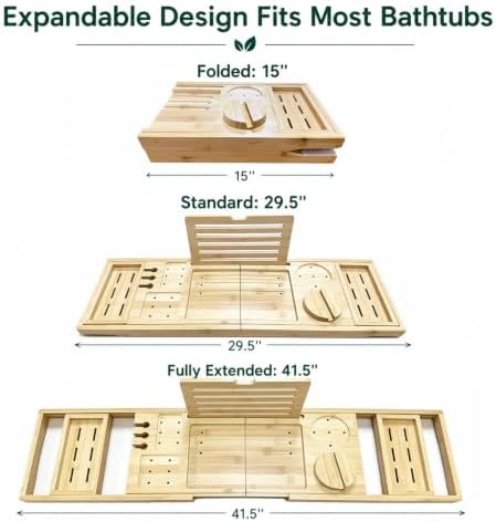 Bamboo Bathtub Tray, Expandable Foldable Bath Caddy, Natural