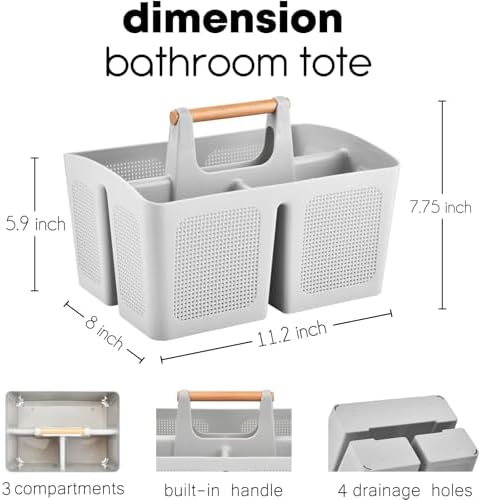 ALINK Portable Shower Caddy Basket with Compartments, Plastic Divided Cleaning Caddy Organizer Storage Tote with Handle for Bathroom, College, Dorm Room Essentials, Light Gray