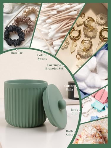 INGOFIN 4 Pcs Ceramic Bathroom Accessory Set - Liquid Soap Dispenser, Toothbrush Holder,Contain Cotton Swab Jar & Soap Dish,Countertop Accessories for Home, Guest Bathroom, Office, Matte Green