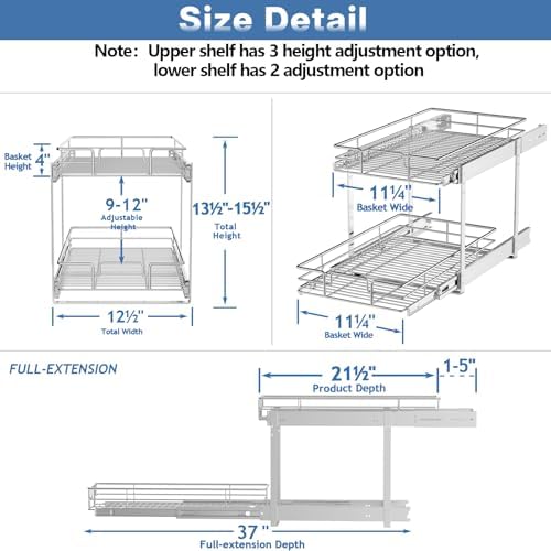 LOVMOR Individual Pull Out Cabinet Organizer, 2 Tier Slide Out Cabinet Drawers, Pots and Pans Organizer and Storage Pantry Shelf for Kitchen (12½" W x 21½" D)
