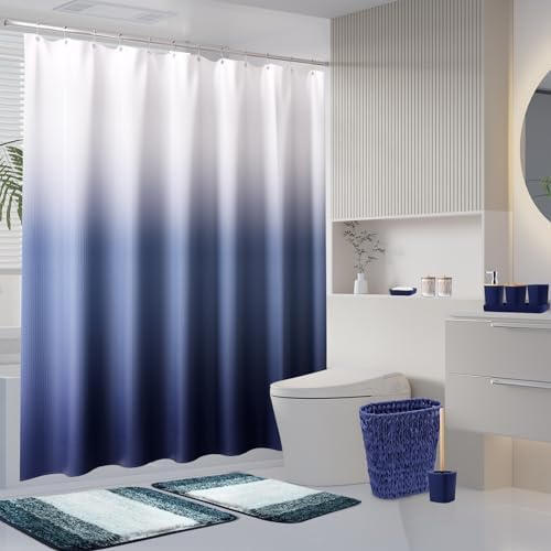 XLHOMO Navy Blue Bathroom Accessories Set with Wicker Trash Can Shower Curtain and Rugs,Bathroom Sets Small Waste Basket Bathroom Trash Can for Bedroom Bathroom
