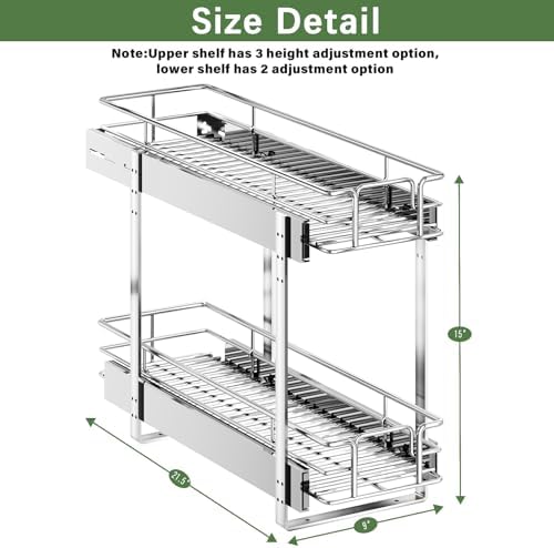 LOVMOR 2 Tier Individual Pull Out Cabinet Organizer 9" W x 21½" D, Slide Out Kitchen Cabinet Storage Sliding Shelves