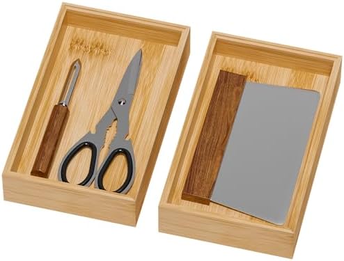 Lixple Bamboo Drawer Organizer for Kitchen Utensils, 2 Pack Stackable Bamboo Kitchen Drawer Organizers, Silverware & Utensil Drawer Trays, 10" x 6" x 2" (Outer), 9.3" x 5.3" x 1.3" (Inner)