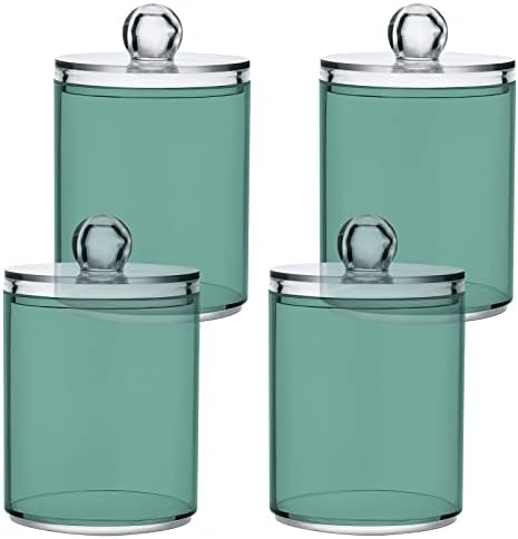 SHJI Teal Green Retro Qtip Holder Organizer Dispenser Cotton Swabs Cans Plastic Jars with Lid Set 2 Pack Bathroom Storage Canister for Cotton Ball Floss Cotton Pads