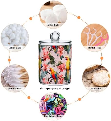 4 Pack Qtip Holder Dispenser with Lids, Parrot Tropical Flower Plastic Storage Containers,Bathroom Canisters Organizer for Cotton Ball, Cotton Swab, Cotton Round Pads, Floss 21216100
