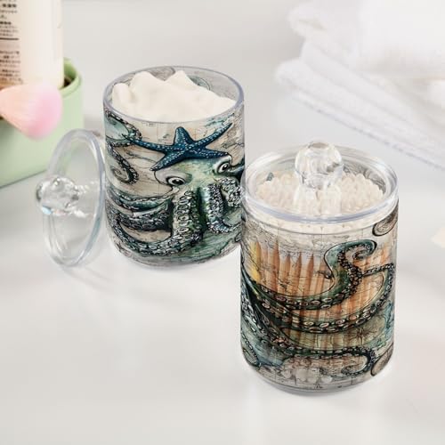 ALAZA Compass Kraken Starfish World Map 2 Pack Qtip Holder Dispenser for Cotton Swabs, Balls, Pads, Floss 10 oz Plastic Canister Organizer