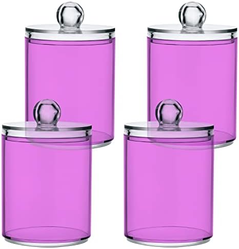 SHJI Violet Purple Qtip Holder Organizer Dispenser Cotton Swabs Cans Plastic Jars with Lid Set 2 Pack Bathroom Storage Canister for Cotton Ball Floss Cotton Pads