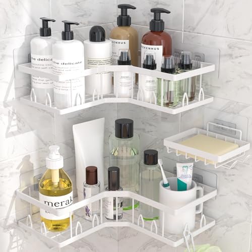 Shower Shelf Corner, Adhesive Shower Caddy Rustproof, Shower Shelves Corner with Soap Holder, No Drilling Shower Corner Organizer for Dorm, Renters Bathroom, White, 3 Pack