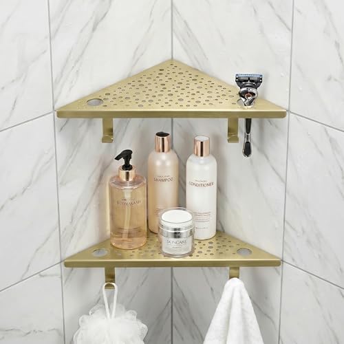 HIDROP Brushed Gold Corner Shower Shelf with Hooks and Razor Holes, 2 Pack