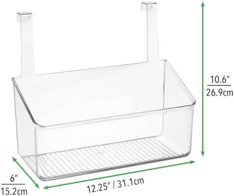 mDesign Plastic Over Cabinet Door Storage Organizer Bin for Kitchen, Pantry, Bathroom, Laundry, Utility Room - Hang Outside or Inside Door - Holds Lunch Bags, Shampoo, Cleaning Supplies, Large - Clear