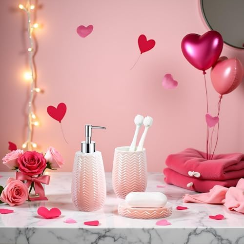 Bathroom Accessories Set, 3 Pcs Pink Ceramic Bathroom Accessories Sets Complete/Lotion Soap Dispenser, Toothbrush Holder, Soap Dish, Bathroom Decor, Gift for Home Apartment