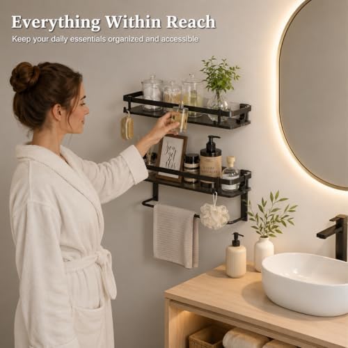 VOLPONE Glass Shelf for Bathroom 15.7 in Black Bathroom Shelves Wall Mounted Tempered Glass Shelving with 2 Removable Hooks (1 Tier)