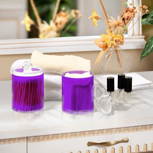 Gredecor 4 Pack Purple Qtip Holder Organizer Dispenser Clear Bathroom Storage Canister Cotton Ball Holder Bathroom Containers for Cotton Swabs/Pads/Floss