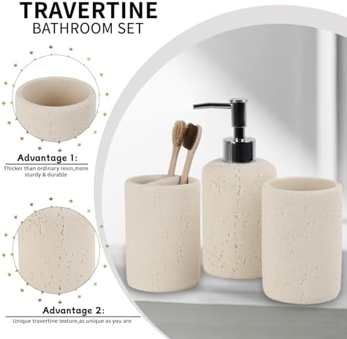 Bathroom Accessories Set,4 Piece Travertine Stone Look Bathroom Accessory Set with Soap Dispenser,Toothbrush Holder,Vanity Tray,Tumbler,Bathroom Organizer for Modern Bathrooms