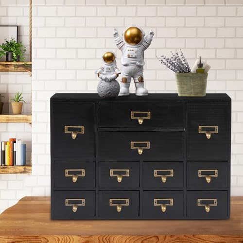 12 Drawers Apothecary Cabinet Library Card Catalog Cabinet Card Catalog Drawer with Metal Handles & Label Slot Wooden Desk Drawer Organizer for Herb Storage, Tea Collection (Black)
